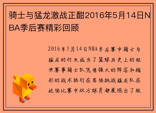 骑士与猛龙激战正酣2016年5月14日NBA季后赛精彩回顾